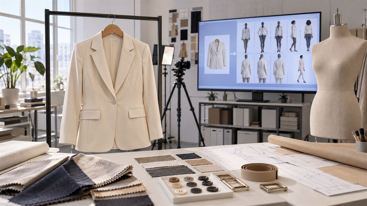 Studio setup for workwear fit, fabric, and multi-angle presentation